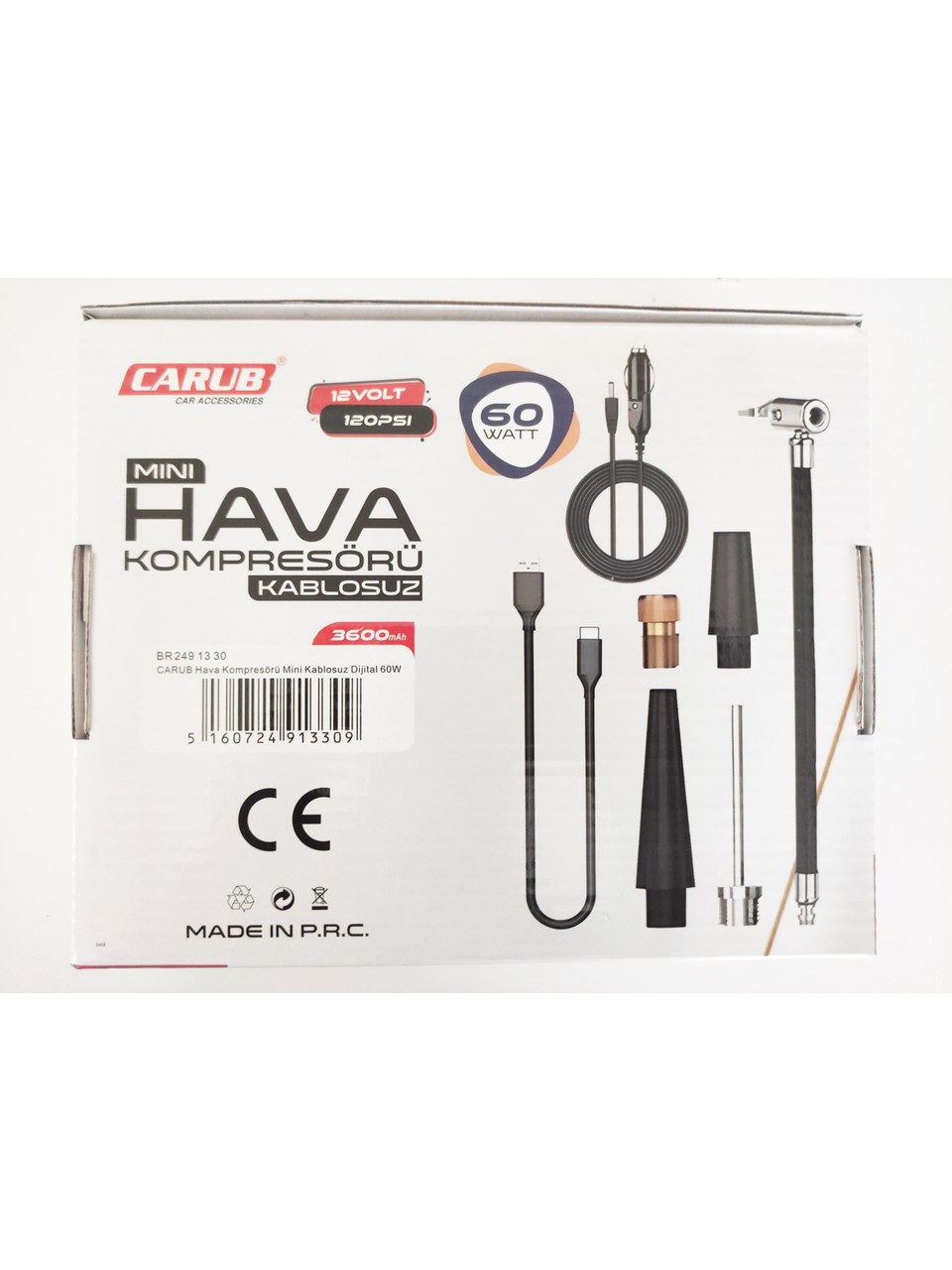 Replax Mini Hava Kompresörü Şarzlı 12V 120PSİ Usb+Typc 60W 5 Aparatlı Lastik Top Şişirme 2491330