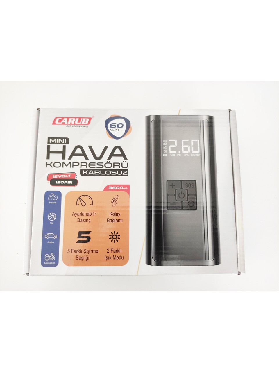 Replax Mini Hava Kompresörü Şarzlı 12V 120PSİ Usb+Typc 60W 5 Aparatlı Lastik Top Şişirme 2491330