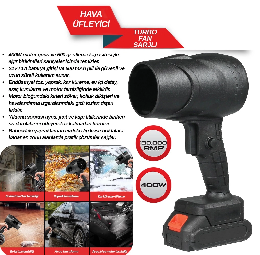 Sarjlı Oto Turbo Jet Fan Hava Üfleyici Araç Kurulama Motor Temizleme Toz Temizleme 130000 RPM 400W