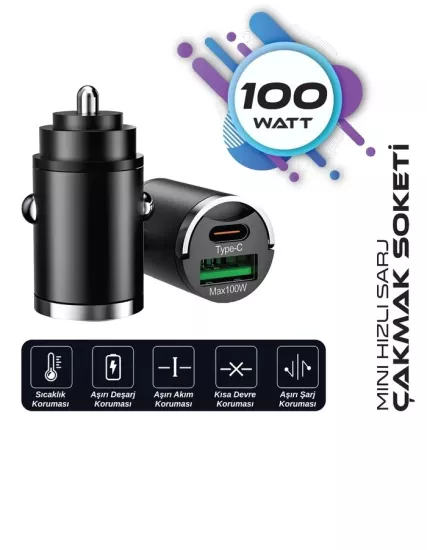 Araç Çakmak Sarj Soketi Mini Hızlı Sarj 100w USB + TYPE C