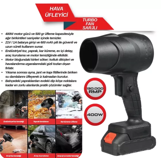 Sarjlı Oto Turbo Jet Fan Hava Üfleyici Araç Kurulama Motor Temizleme Toz Temizleme 130000 RPM 400W