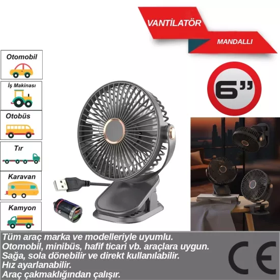 Evde Ofiste Araçta Vantilatör 12-24 Volt 6 Inç Mandallı Usb Ve Çakmaklık Girişli